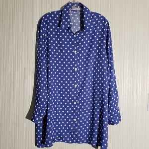 Miss Look Basic Blue & White Dots Button Down  Long Sleeve Top, Sz XL